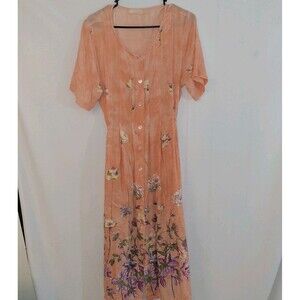 La Cera Sz M Maxi Dress Floral Rayon Button Front Coral Cottagecore Coquette